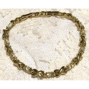 Vintage Gold Tone Chain Bracelet XOs Style Avon Clear Rhinestones Fold over 8"